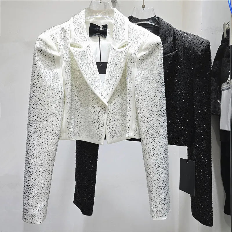 Women Short Blazer Trend Heavy Diamonds Shoulder Pad Design Niche Stylish Elegant High Street Long Sleeve Suit-Coat HK26338