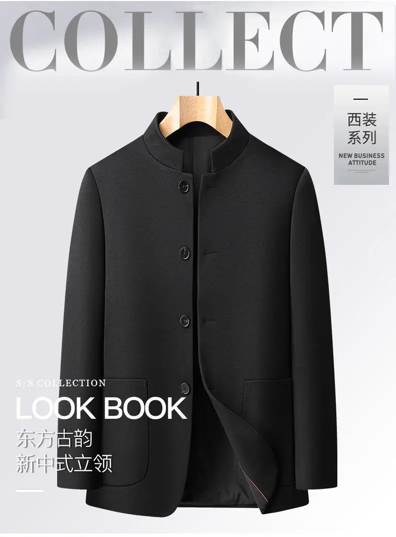 Blazer Men Smart Casual Stand Collar Korean Style Black Business Coat