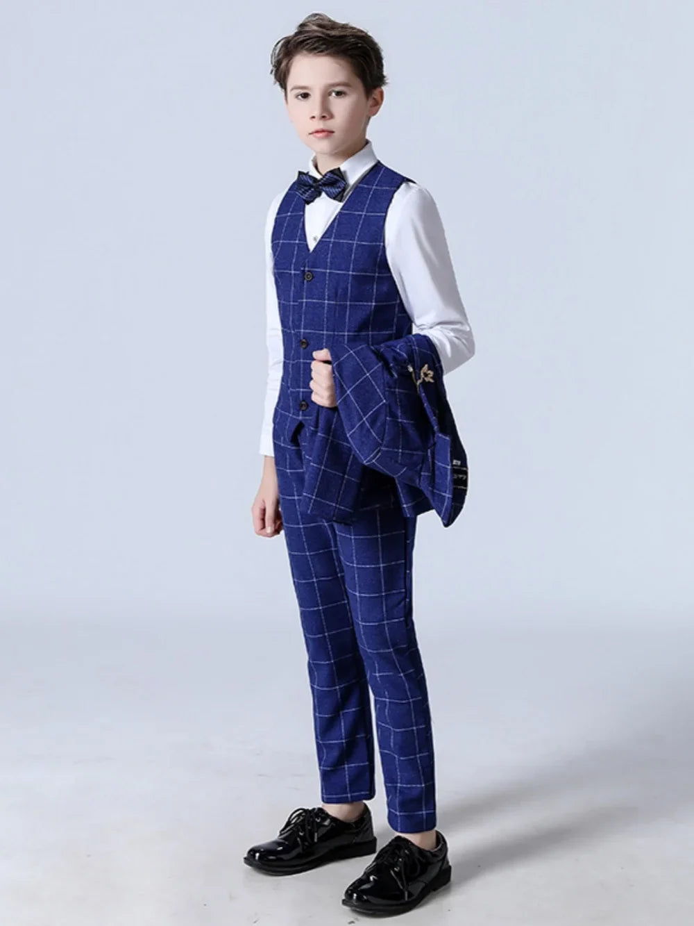Blue Elegant Plaid Suit Set 5 Pieces Piano Performance Outfit Handsome Smart Boys Slim Fit Suits Banquet Party Wear 110-160cm