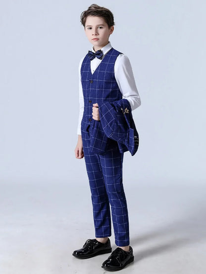 Blue Elegant Plaid Suit Set 5 Pieces Piano Performance Outfit Handsome Smart Boys Slim Fit Suits Banquet Party Wear 110-160cm