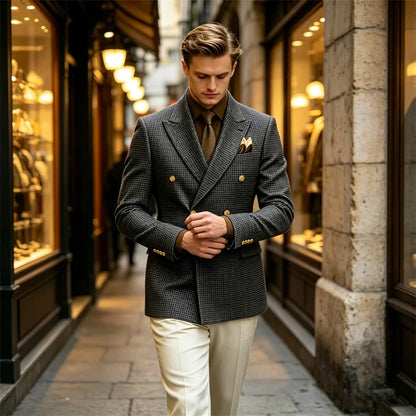 Men's Houndstooth Double Breasted Blazer Vintage Slim Jacket  Fit Formal Business Wedding Party Coat For Men Autumn Winter