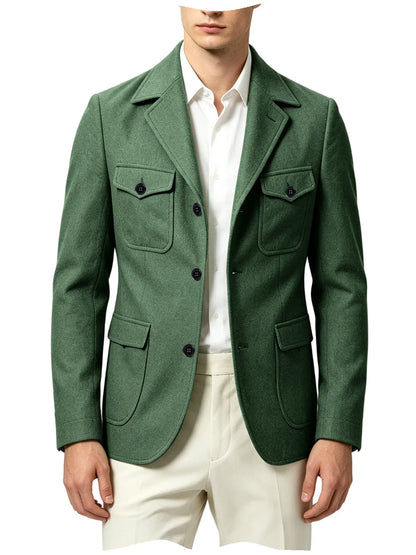 Men's Wool Blazer Notched Lapel Slim Fit 3 Buttons Suit Jacket Multi Pockets Casual Business Autumn Winter Dress Coat Daily Wear