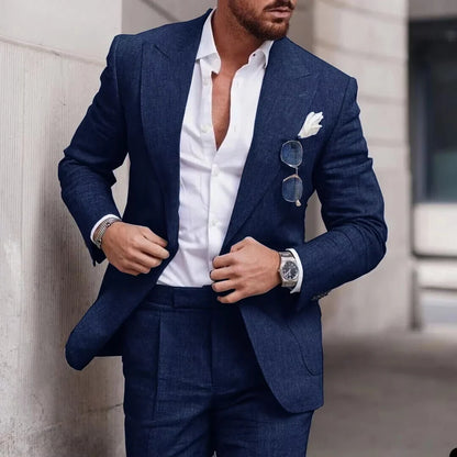 Men's 2-Piece Linen Suit – Slim Fit Notch Lapel Blazer & Trousers for Wedding, Business & Formal Occasions