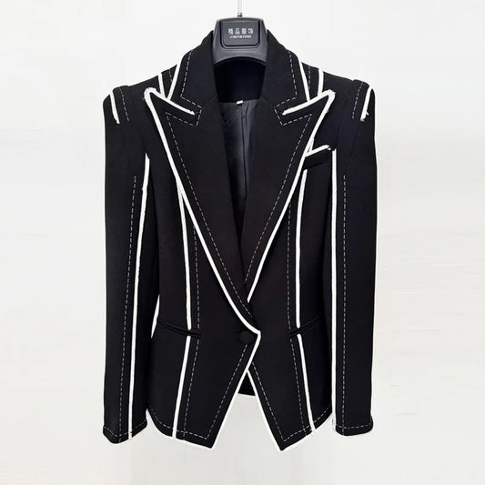 Women Blazer Color Block Notched Collar Single Button Slim Fit Elegant High-end Luxury Jacket Ins New Spring Autumn HK21183