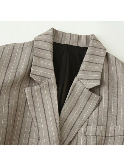 Women Khaki Striped Blazer Jacket Y2k 2000s Vintage Suit Coat European & American Elegant Fashion Belted Twill Blazer Outerwear