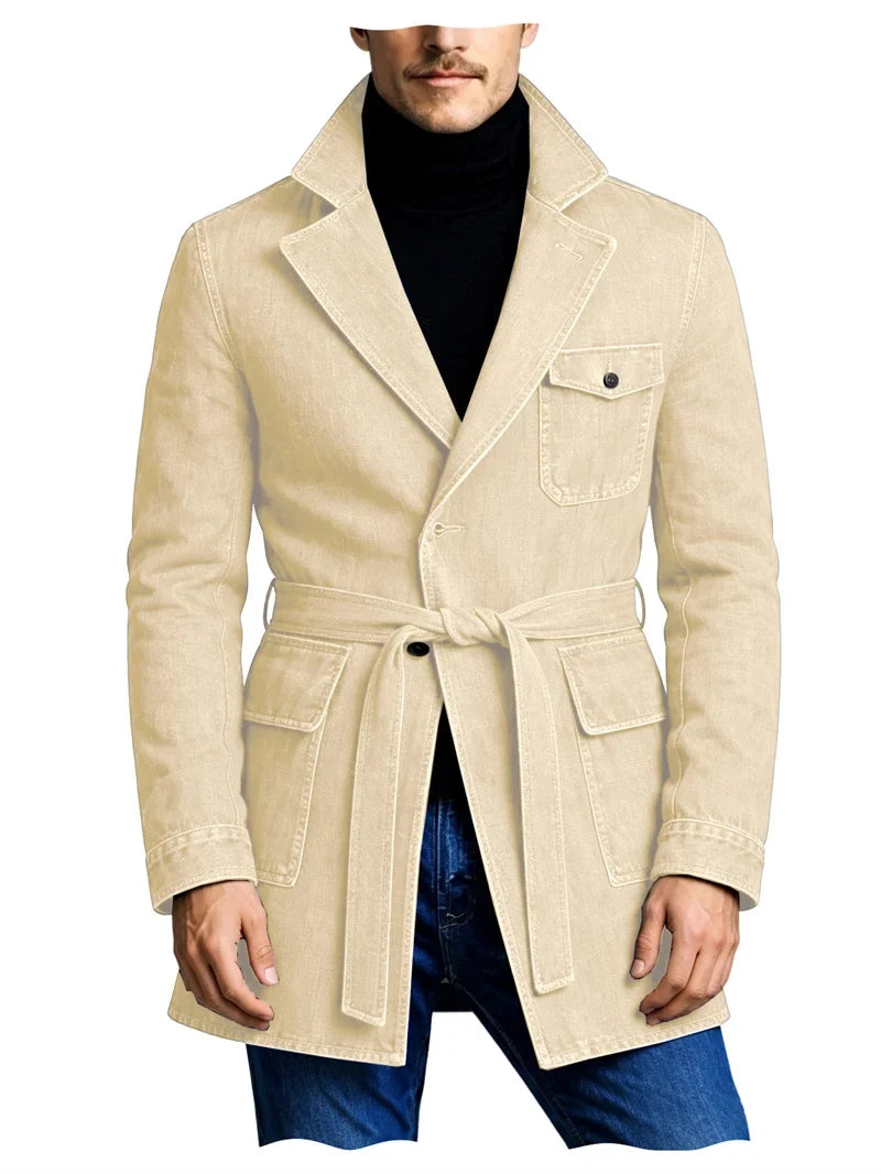 Men's Vintage Mid Length Belted Denim Trench Coat Notched Lapel Casual Workwear Outerwear Stylish Daily Streetwear Jacket
