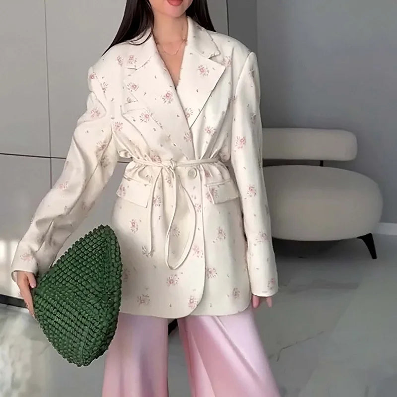 Spring Autumn Fashion Women's Pure Color Belted Shoulder Pad Suit Coat Commute Style Loose Fit Long Sleeve Regular Length