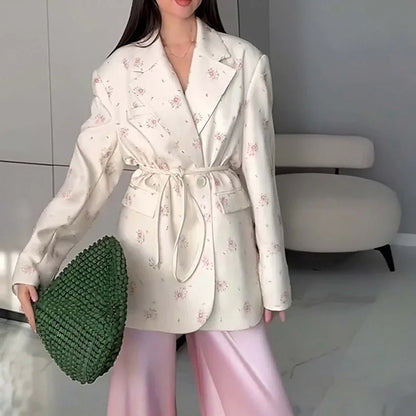 Spring Autumn Fashion Women's Pure Color Belted Shoulder Pad Suit Coat Commute Style Loose Fit Long Sleeve Regular Length