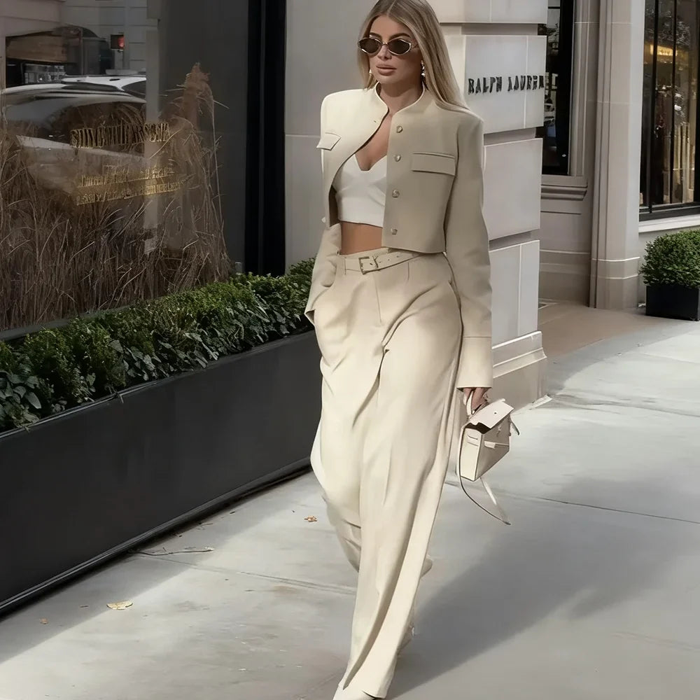 Beige Cropped Blazer Suit Set New Women's Jackets Single Breasted Round Neck Fashion Streetwear Elegant Office Lady Outerwears