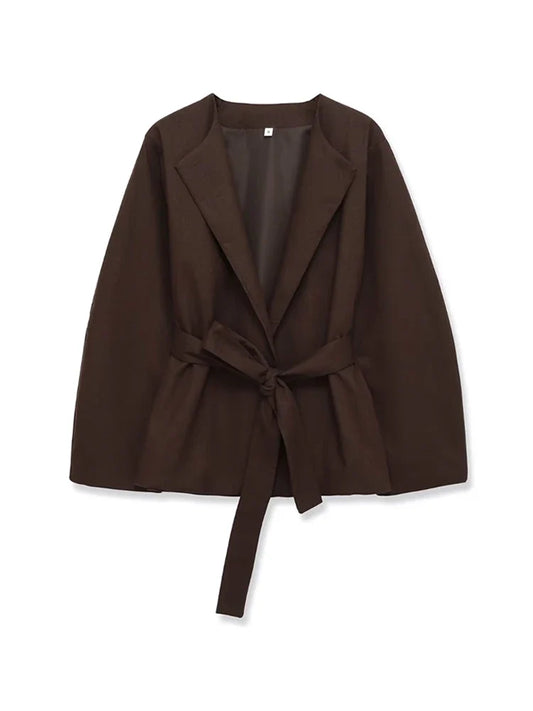 Women's Chic Solid Color Open Blazer Coat with Belt Loose Fit Long Sleeve Female Outerwear Stylish Top