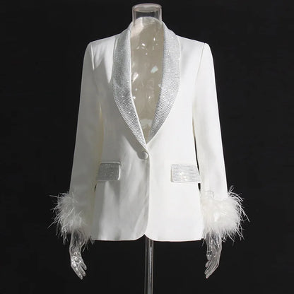 Spring Autumn New Women Blazer Turn-down Collar Studded Diamonds Single Button Cuff Spliced Feather Luxury Ins Coat HK16316