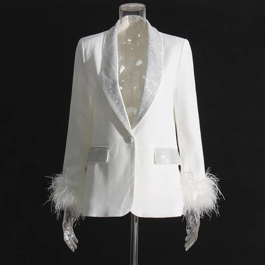 Spring Autumn New Women Blazer Turn-down Collar Studded Diamonds Single Button Cuff Spliced Feather Luxury Ins Coat HK16316