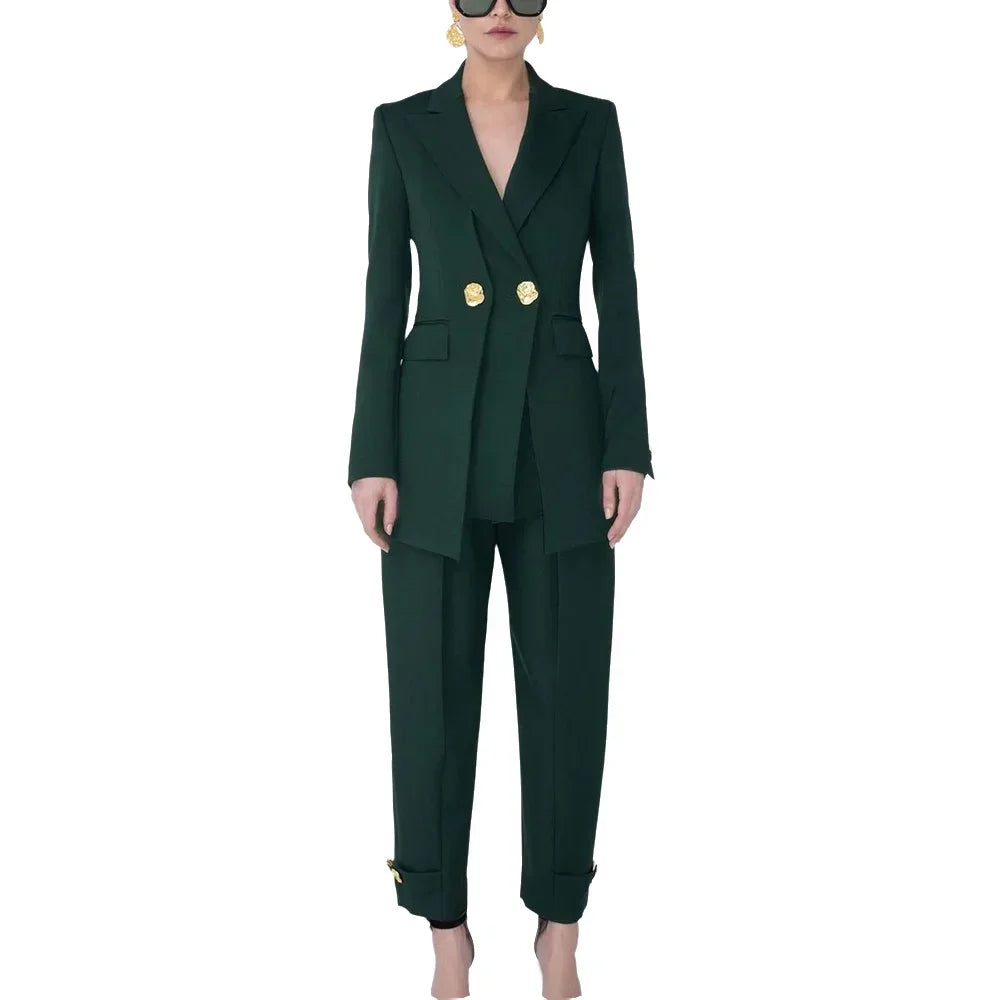 Dark Green Suit Set Two Pieces New Design Autumn Outfit for Women Classy Peaked Lapel Slim Fit Luxury Lady Set Office Wear