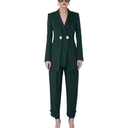 Dark Green Suit Set Two Pieces New Design Autumn Outfit for Women Classy Peaked Lapel Slim Fit Luxury Lady Set Office Wear
