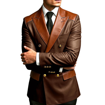 Luxury Men's Colorblock Leather Blazer Double Breasted Notched Lapel Business Casual Suit Jacket Fashion Formal Wear for Wedding