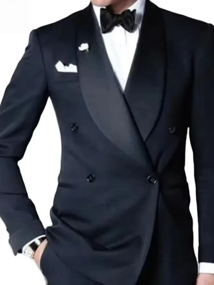 Premium Navy Blue Custom Tailored Wedding Suit for Men 2-Piece Double-Breasted Peak Lapel Blazer & Pants Groom Tuxedo