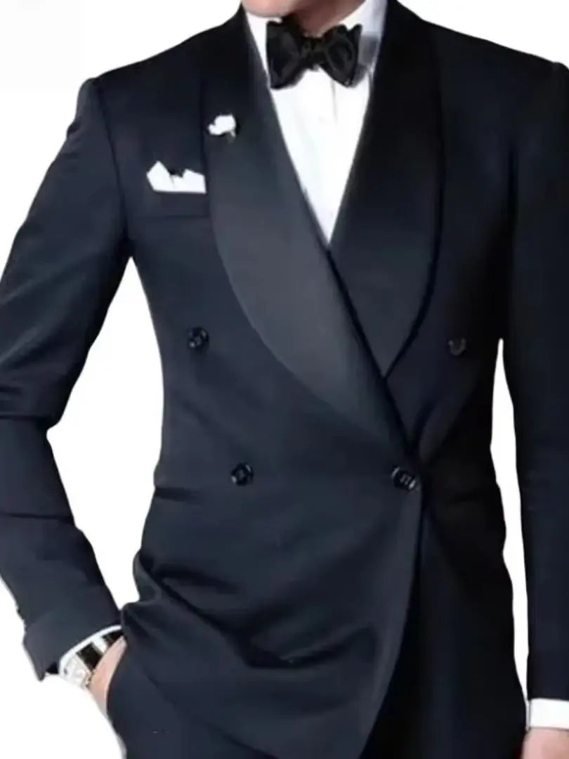 Premium Navy Blue Custom Tailored Wedding Suit for Men 2-Piece Double-Breasted Peak Lapel Blazer & Pants Groom Tuxedo