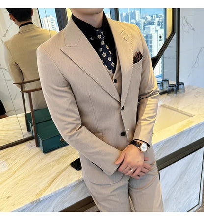 (Blazer + Vest + Trousers) 2024 New Men Formal Business Solid Suit 3 Pieces Set Italian Style Luxury Wedding Social Party Tuxedo