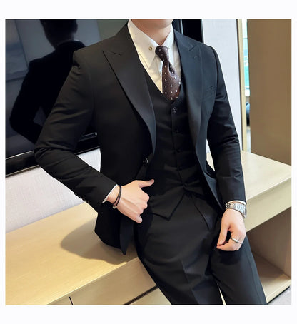 (Jacket + Vest + Pant) Men's Formal Slim Fit Business Work Wedding Stage Tuxedo Fashion Best Men Social Dress Suit 3 Pieces Set