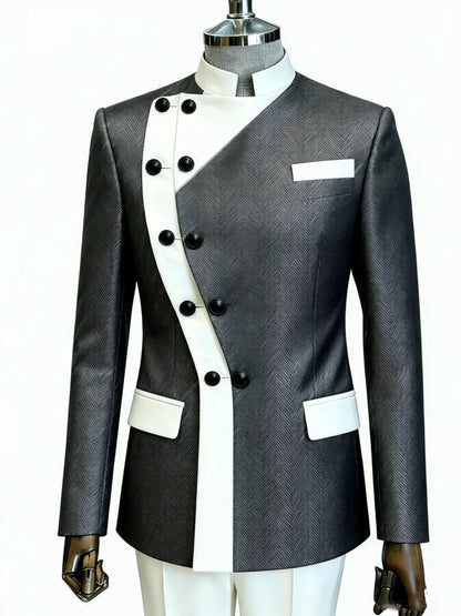 Mens Mandarin Collar Contrast Herringbone Blazer Slim Fit Asymmetrical Double Button Formal Business Evening Jacket