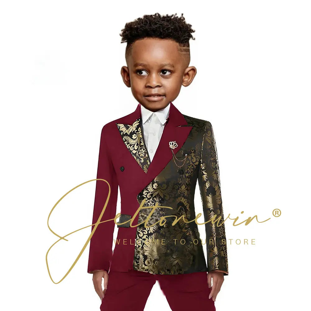 Black And Gold Floral Wedding Boys Suit Double Breasted Formal Kids Blazer Set Party Dress Child Tuxedo Jacket Pants 2 Piece Set
