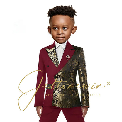 Black And Gold Floral Wedding Boys Suit Double Breasted Formal Kids Blazer Set Party Dress Child Tuxedo Jacket Pants 2 Piece Set