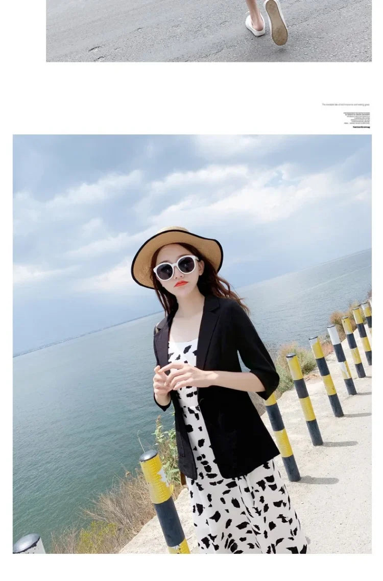 Summer New Sle Women's Linen Suit Jaet Thin Seven-Quarter Sve Drapey Fit Formal Wear Casual Commute Pure Color