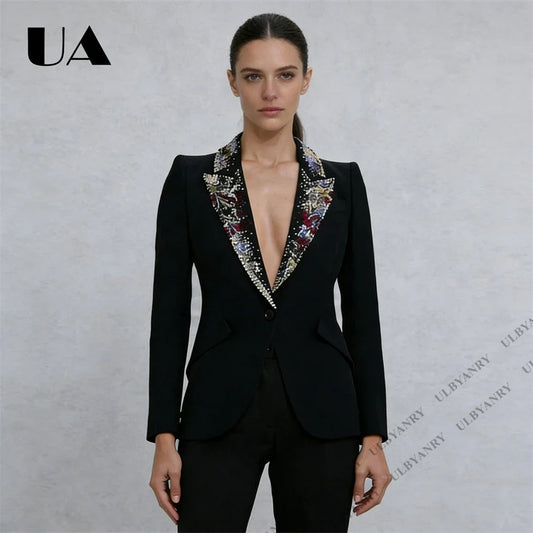 2026S Spring Women’s Black Suit Set Beaded Lapel Wrap Blazer Tailored Pants Work Date Event Set (Size S - XXL)