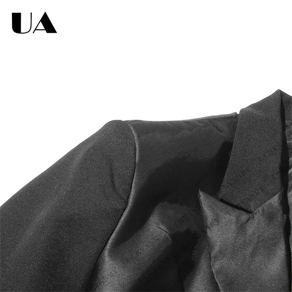 Womens Black Blazer with Satin Ruffle Waist Tie and Peak Lapel Events Gala Birthday Prom Party Suit Attire Slim Fitting