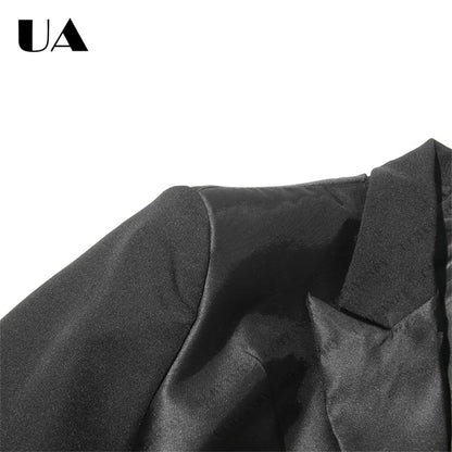 Womens Black Blazer with Satin Ruffle Waist Tie and Peak Lapel Events Gala Birthday Prom Party Suit Attire Slim Fitting