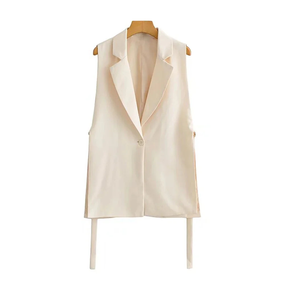 Women Fashion With Taps Side Vents Waistcoat Vintage Sleeveless Front Button Female Outerwear Chic Vest Tops