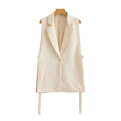 Women Fashion With Taps Side Vents Waistcoat Vintage Sleeveless Front Button Female Outerwear Chic Vest Tops