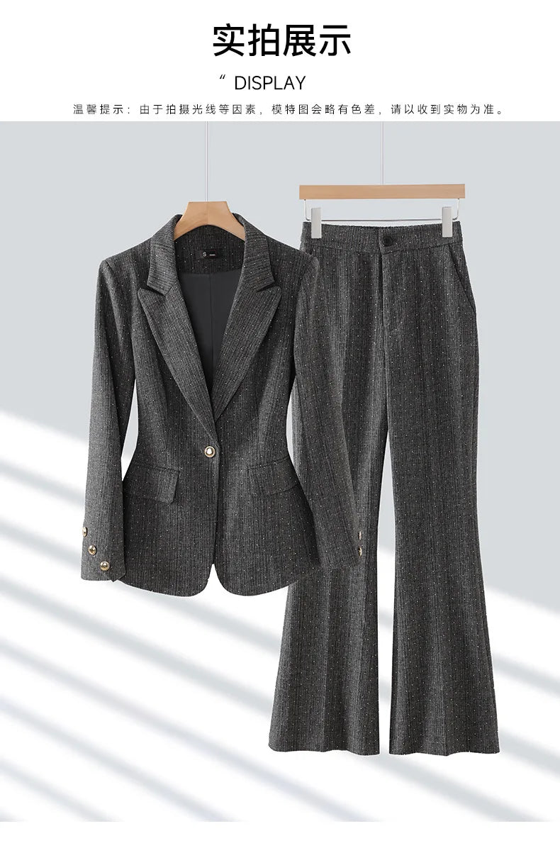 Fashion Women Suits 2024 New Autumn Winter Temprament Business Formal Slim Blazer And Flare Pants Office Ladies Work Wear