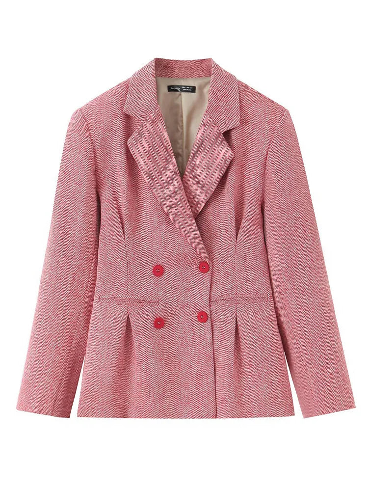 Woman Early Fashion Double Breasted Decoration Waist Blazer Female Spring Slim Long Sleeves Turn-down Collar Commuting Coat