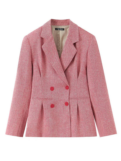 Woman Early Fashion Double Breasted Decoration Waist Blazer Female Spring Slim Long Sleeves Turn-down Collar Commuting Coat