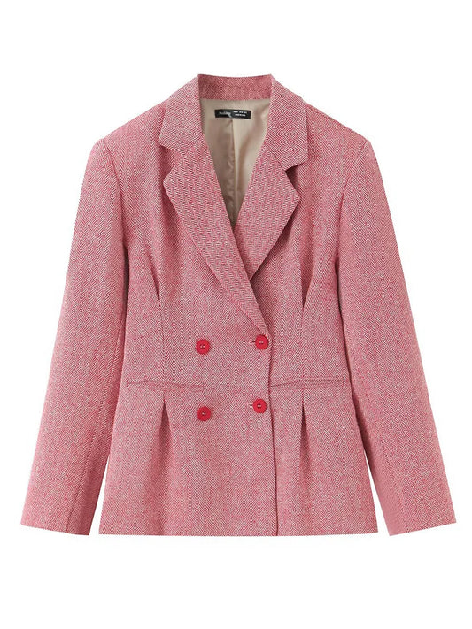 Woman Early Fashion Double Breasted Decoration Waist Blazer Female Spring Slim Long Sleeves Turn-down Collar Commuting Coat