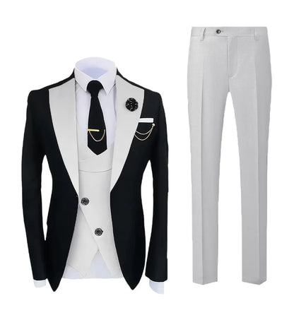 Mens Pant Suit Classic Contrast Flat Collar Blazer Jacket Slant-breasted Vest Trousers 3 Piece Set for Wedding Groom Groomsmen