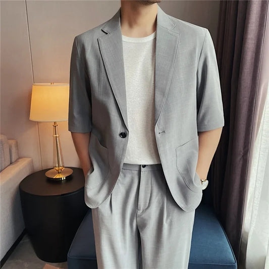 (Jacket+Pants) Summer New Thin Fashion Short Sleeve Suit Jacket Pant 2-Piece Men Loose Solid Suit Casual Office Party Tuxedo