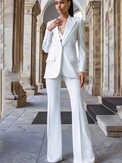 Fashion White Women Pants Sets Elegant Pearls Single Button Peak Lapel 2 Piece Chic Party Formal Solid Suits (Blazer+Pants)