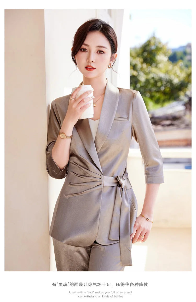 Designer Splicing Women Senior Luxurious Blazer Suit Pants Set Soft Satin Silk Office Lady Solid Coat Big Size Elegant Jacket