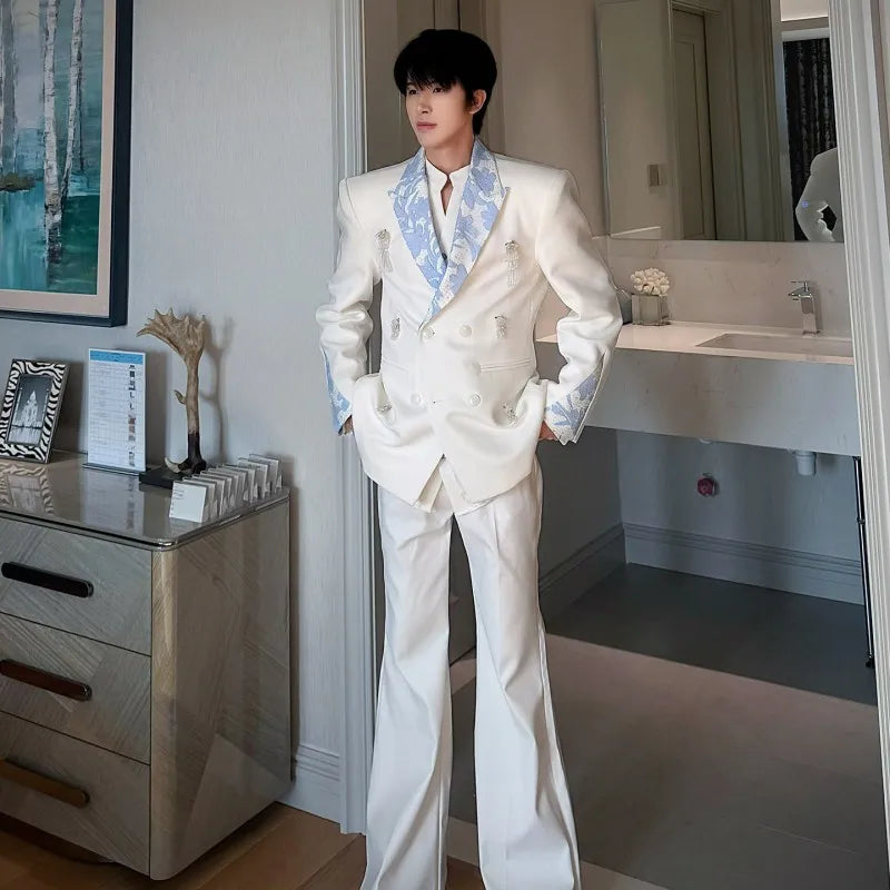 Business Men Work Suit Diamond Tassel Flower Collar Double Breasted Blazer Pants Three Piece Set Loose Fit Gown Dress Suit Sets