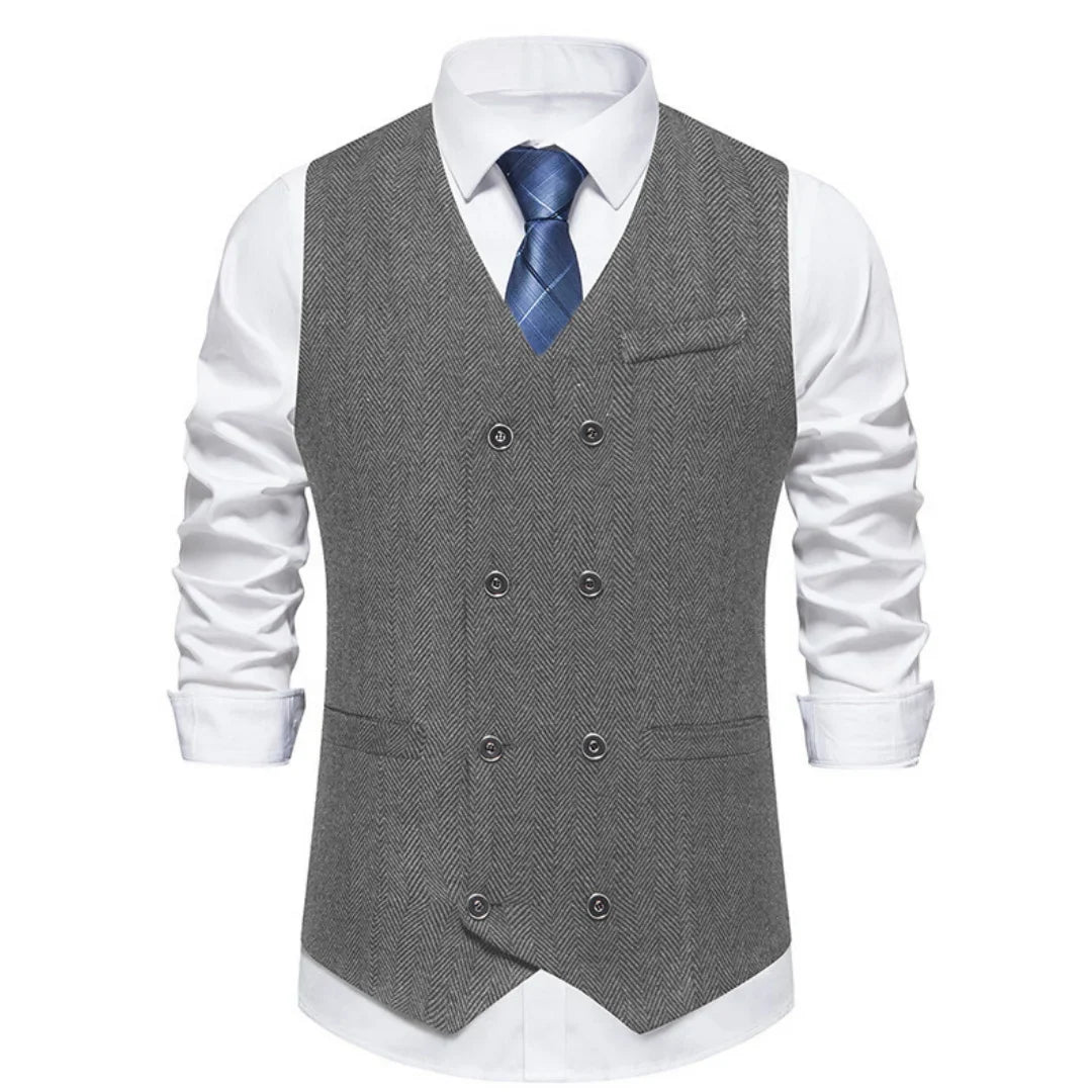 Men's Herringbone Vest Double Button V-Neck Waistcoat for Weddings & Business