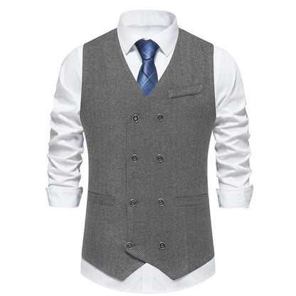 Men's Herringbone Vest Double Button V-Neck Waistcoat for Weddings & Business