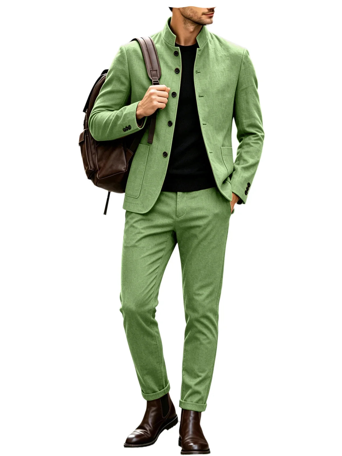 Men Stand Collar Linen Blazer Set Slim Fit 2 Pieces Jacket Pants Breathable Wrinkle‑Resistant Vintage Casual Business Outerwear