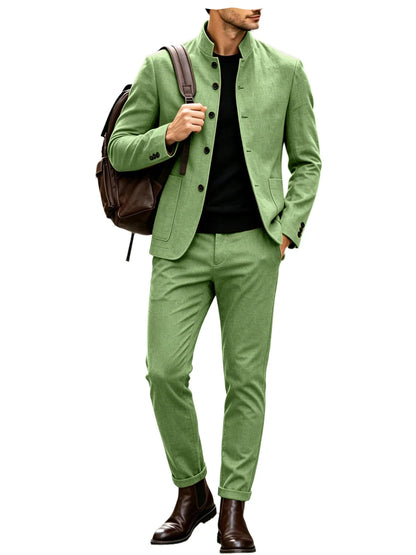Men Stand Collar Linen Blazer Set Slim Fit 2 Pieces Jacket Pants Breathable Wrinkle‑Resistant Vintage Casual Business Outerwear