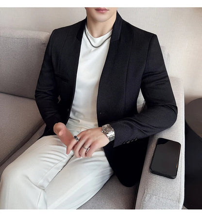 Chinese Style Collarless Suit Jacket Men Fashion Slim Fit Versatile Blazers Male Casual Business Wedding Groom Dress Jacket 2025