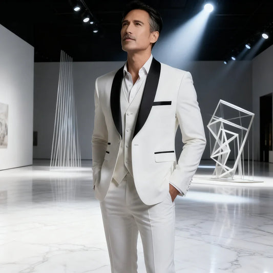 Costume de mariage 3 pièces ajusté pour homme - Smoking de témoin avec veste à revers châle, gilet et pantalon simple boutonnage