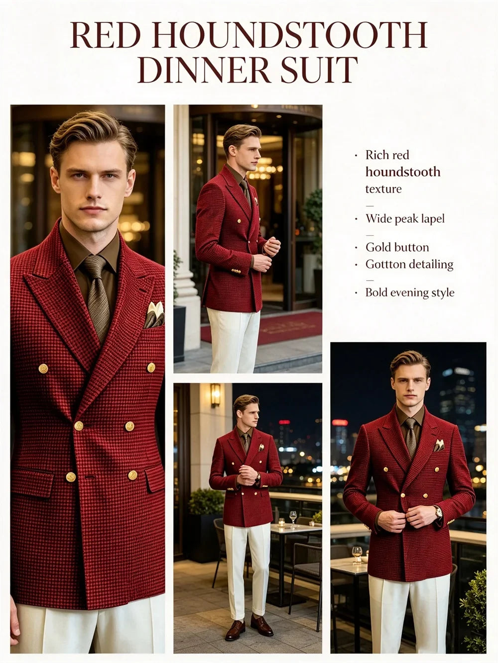 Men's Houndstooth Double Breasted Blazer Vintage Slim Jacket  Fit Formal Business Wedding Party Coat For Men Autumn Winter