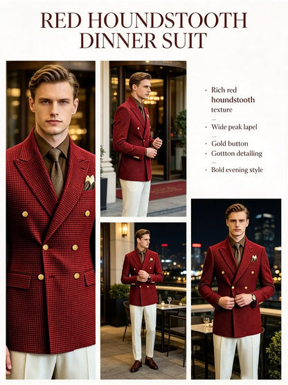 Men's Houndstooth Double Breasted Blazer Vintage Slim Jacket  Fit Formal Business Wedding Party Coat For Men Autumn Winter