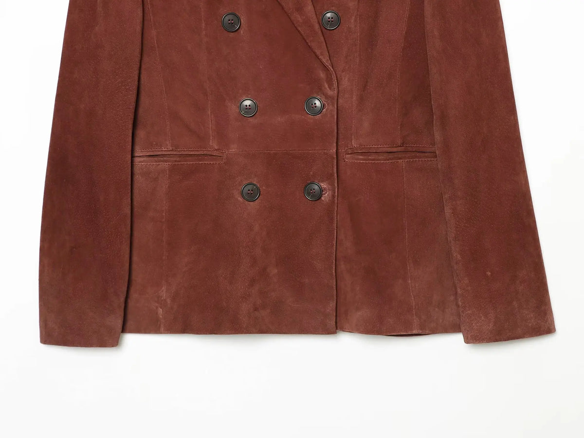 Vintage Women's Suede Texture Slim Blazer 2026 Autumn Double Breasted Lapel Suit Jacket Female Elegant Office Coat Outerwear